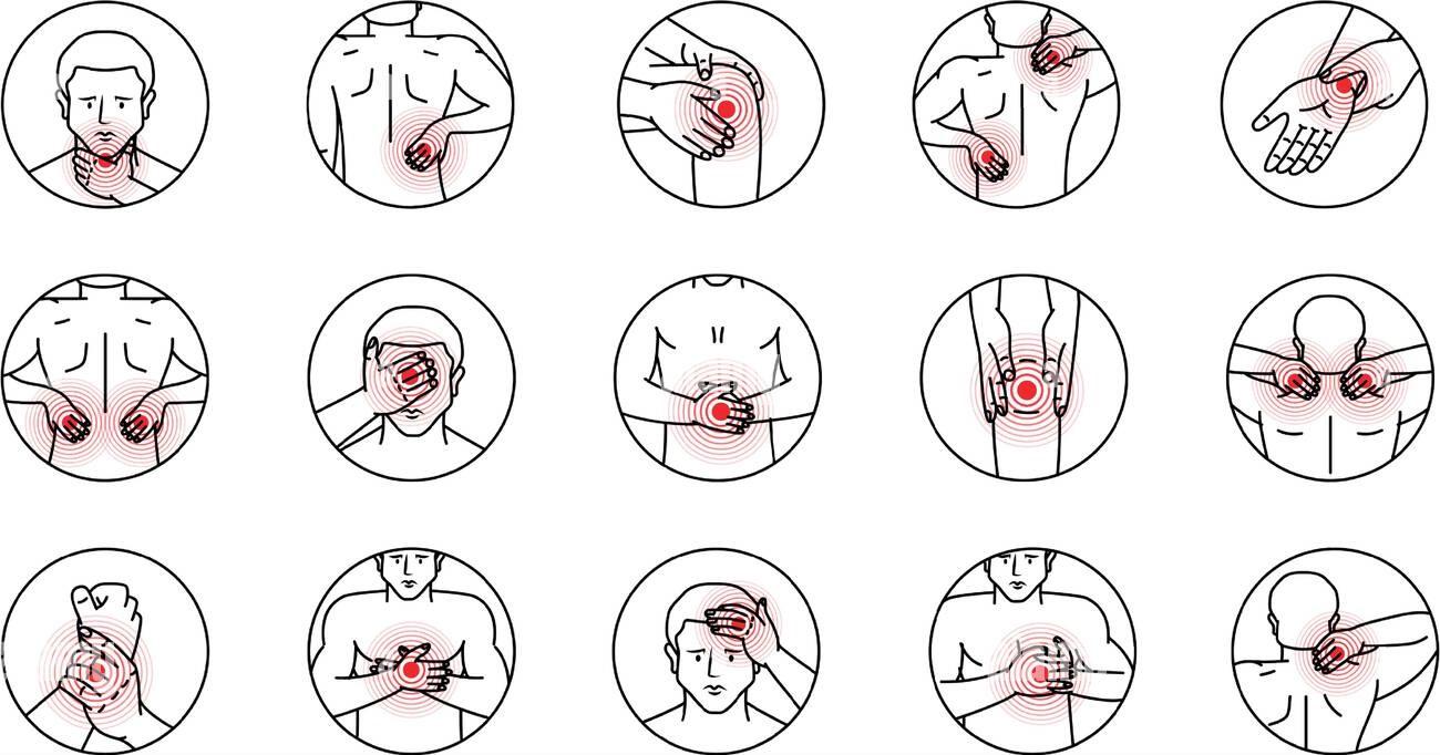 Douleurs du corps humain dans un ensemble de cercles arthrite et rhumatisme illustration de douleurs articulaires mal a la tete au cou a l epaule au genou a la poitrine poignet dos